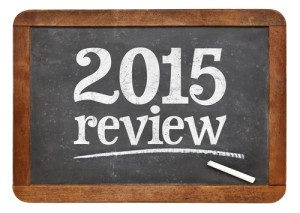 2015 review - year summary concept on a vintage slate blackboard