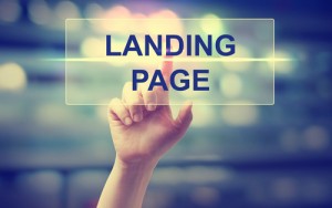 Hand pressing Landing Page on blurred cityscape background