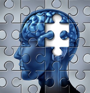 Memory loss and alzheimer's medical symbol represented by a human brain with a missing piece of the puzzle texture.