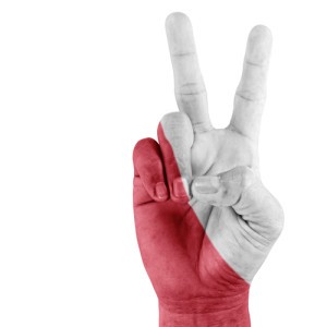 Poland flag on successful hand on white background.